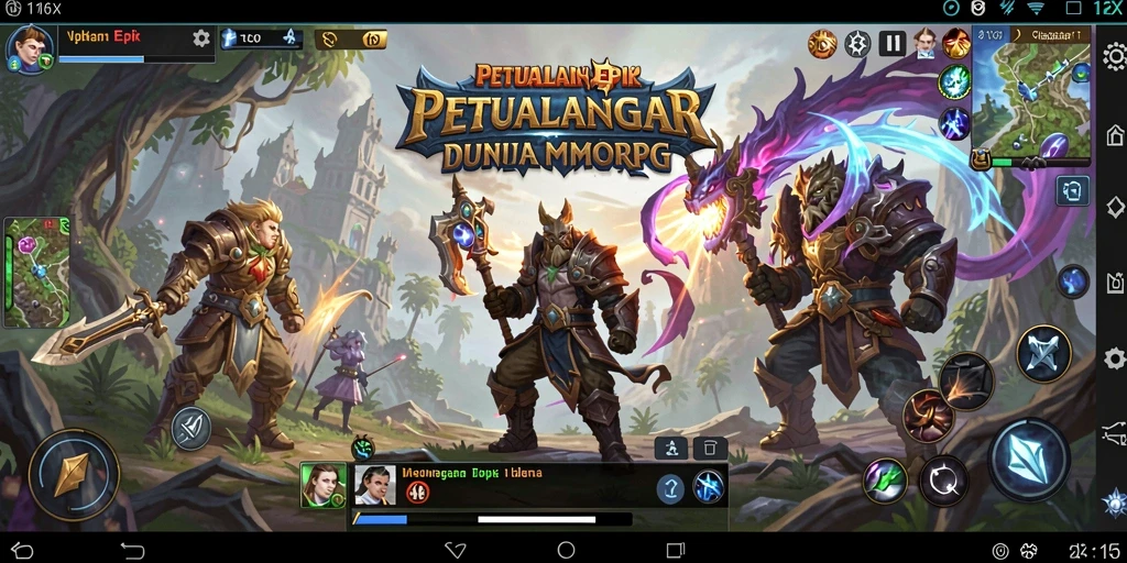 Screenshot gameplay 116X menampilkan pertempuran epik dan pemandangan fantastis.