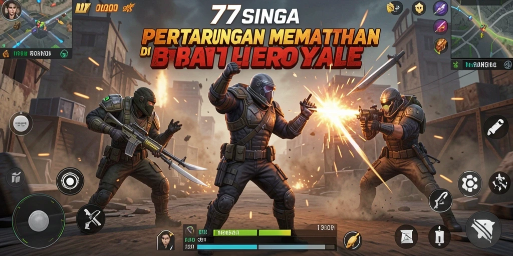 Tangkapan layar utama 77SINGA menampilkan aksi seru dalam pertarungan Battle Royale.