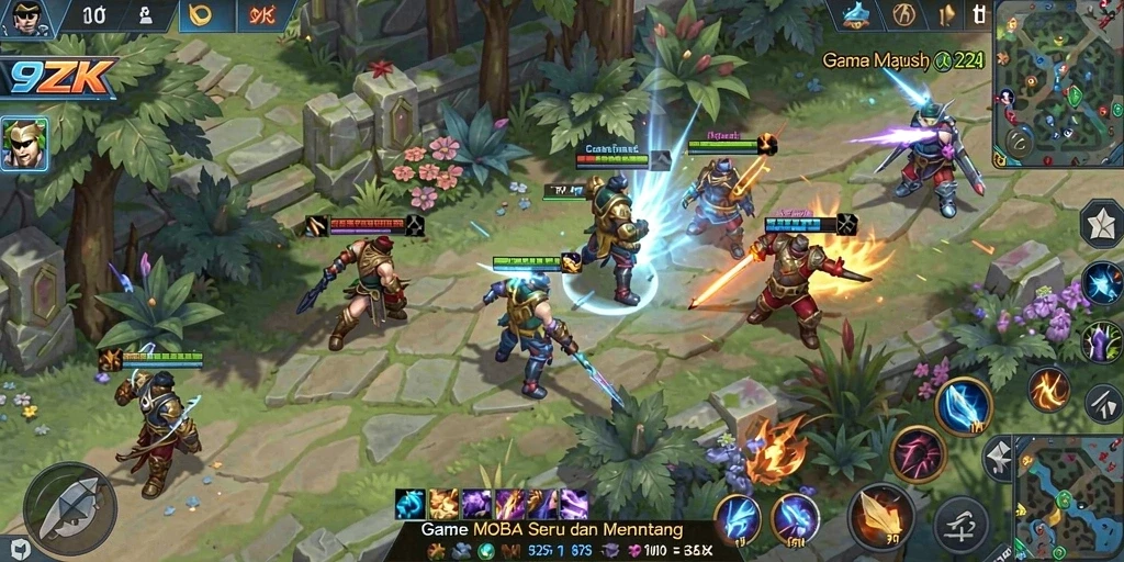 Screenshot utama menampilkan pertarungan tim dalam game MOBA 9ZK.