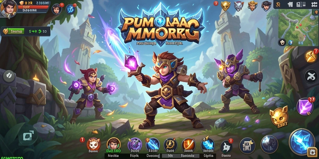 Screenshot gameplay FOMOTOTO menampilkan pertarungan epik dan karakter yang menakjubkan.