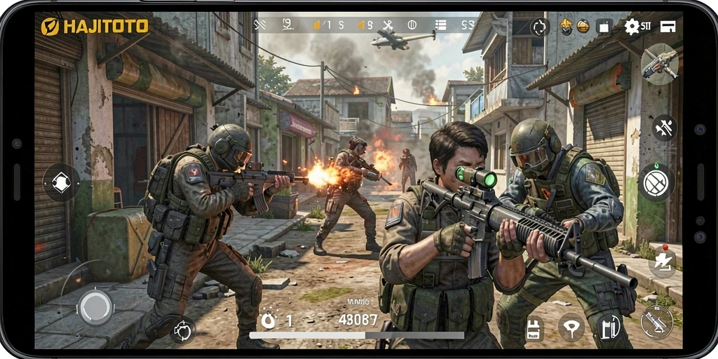 Screenshot menampilkan aksi seru dalam gameplay FPS HAJITOTO.