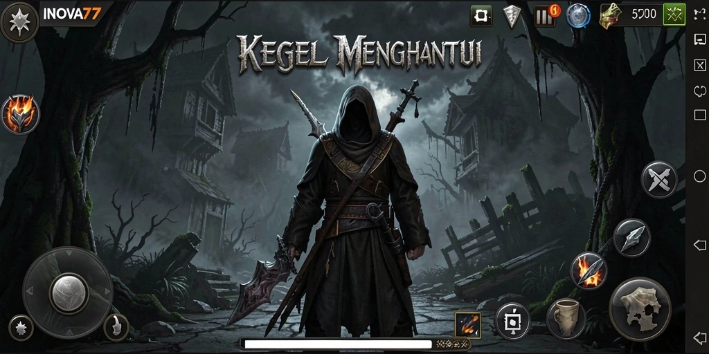 Screenshot utama dari INOVA77 menampilkan momen mengerikan di dalam dungeon gelap.