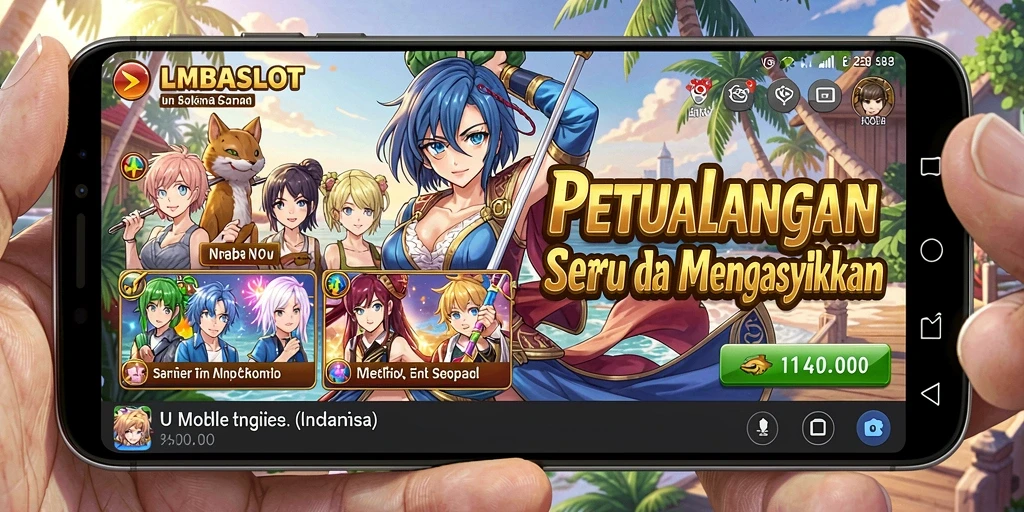 Screenshot dari gameplay LMBASLOT dengan karakter anime yang vibrant.