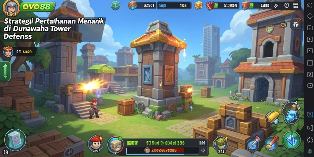 Tampilan gameplay OVO88 menampilkan pertahanan menara yang seru dalam Tower Defense.