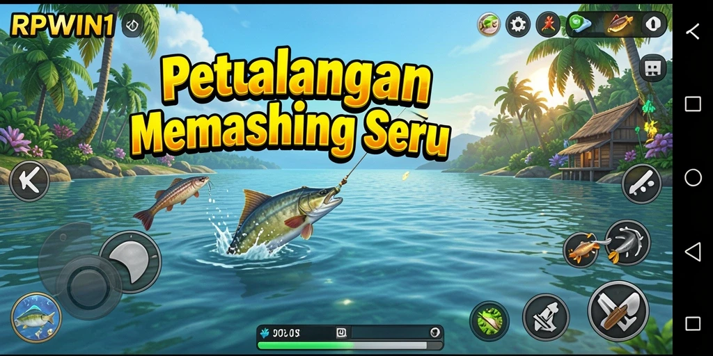 Screenshot tampilan gameplay RPWIN1 saat memancing dengan pemandangan yang indah.
